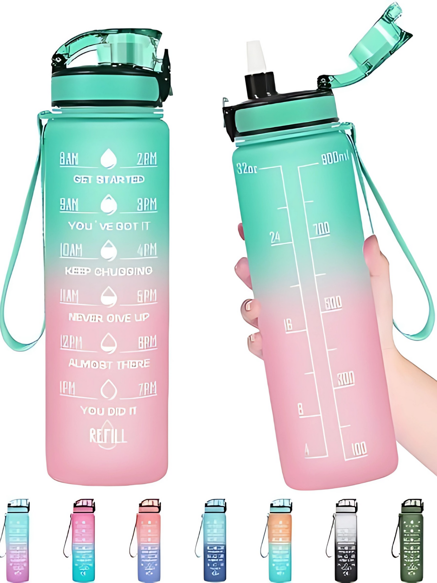 Motivational Water Bottle with Time Markers and Gradient Design