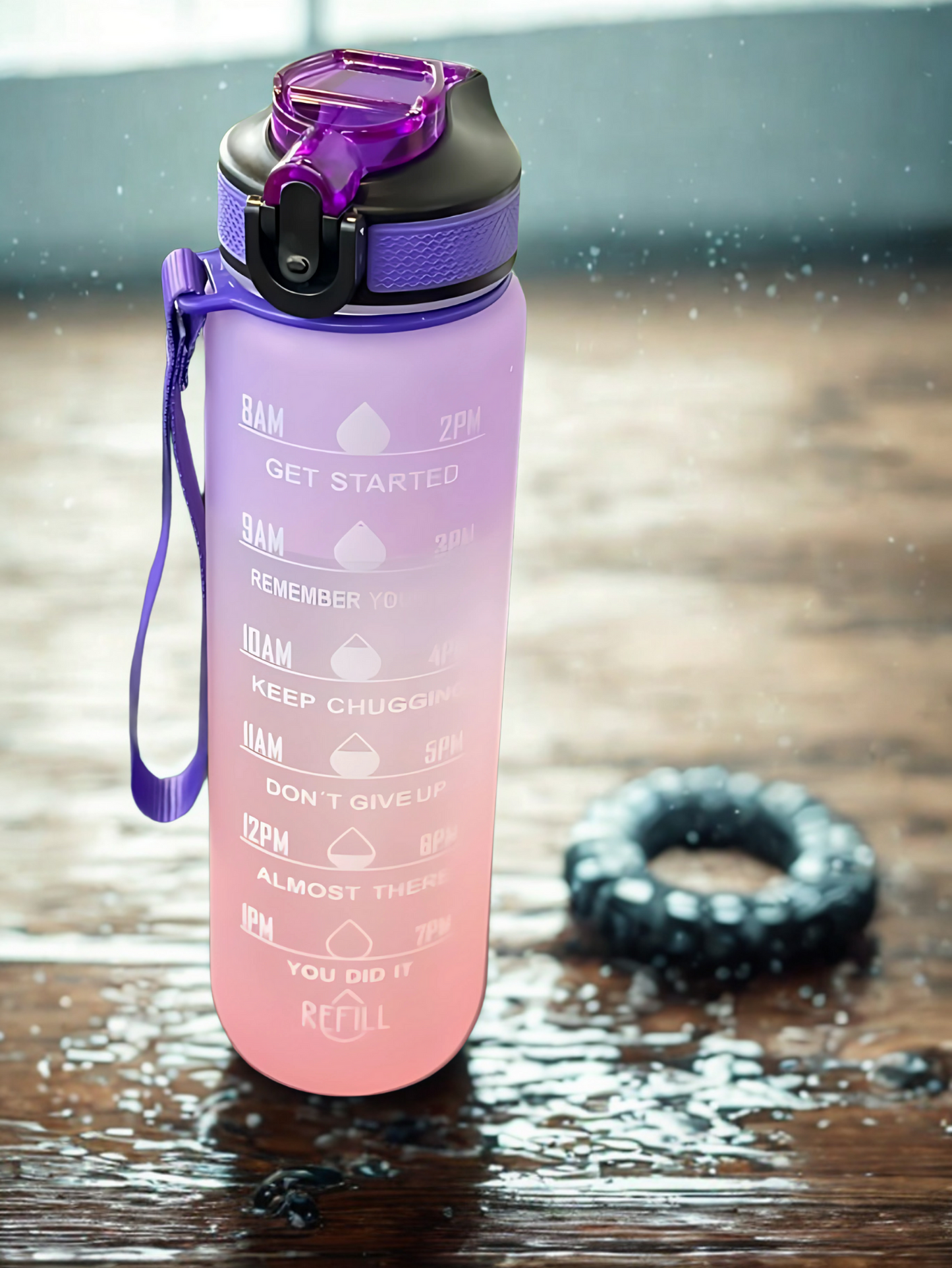 Motivational Water Bottle with Time Markers and Gradient Design